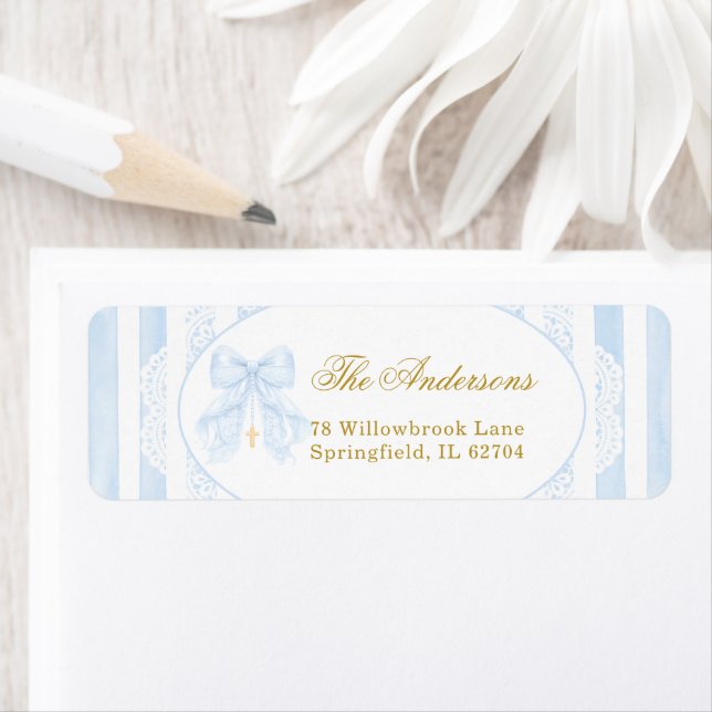 Elegant Blue Bow Stripes Lace Return Address Label (Insitu)