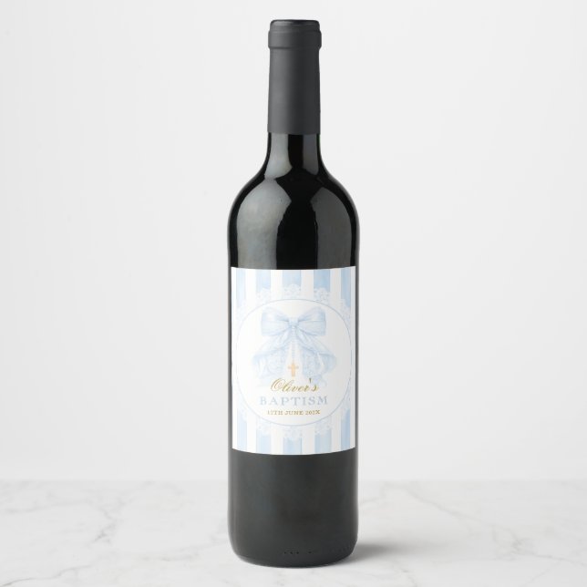 Elegant Blue bow Stripes Lace Wine Label (Front)