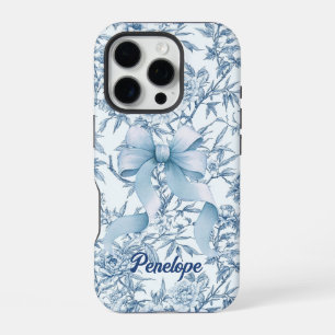 Elegant blue bow toile de jouy floral monogram iPhone 16 pro case