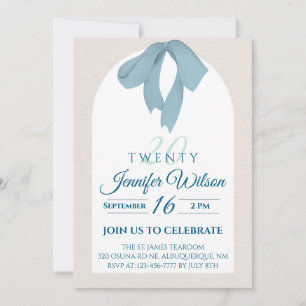 Elegant Blue Bow Twenty 20th Birthday Invitation