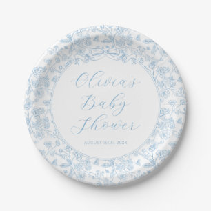 Elegant Blue Bow Vintage Floral Boy Baby Shower Paper Plate