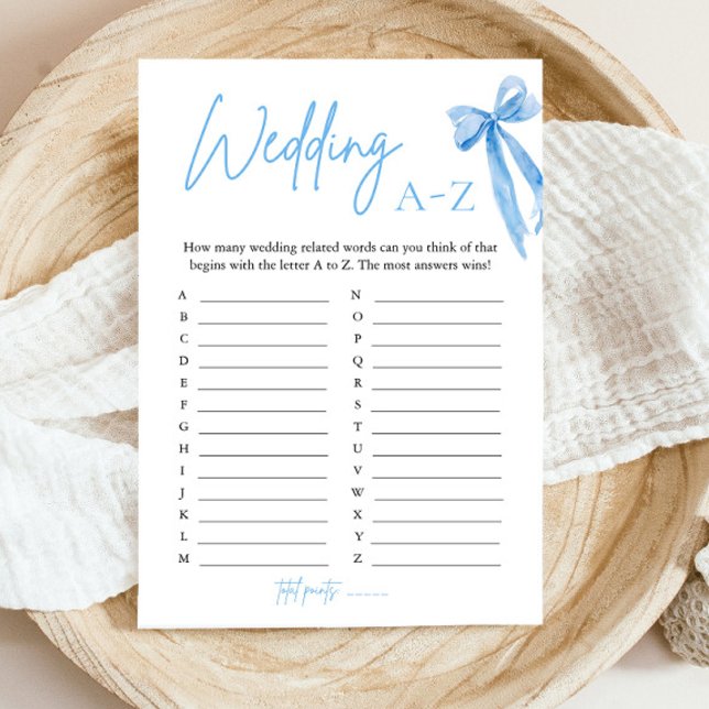 Elegant Blue Bow Wedding A-Z Bridal Shower Game Invitation (Elegant Blue Bow Wedding A-Z Bridal Shower Game)