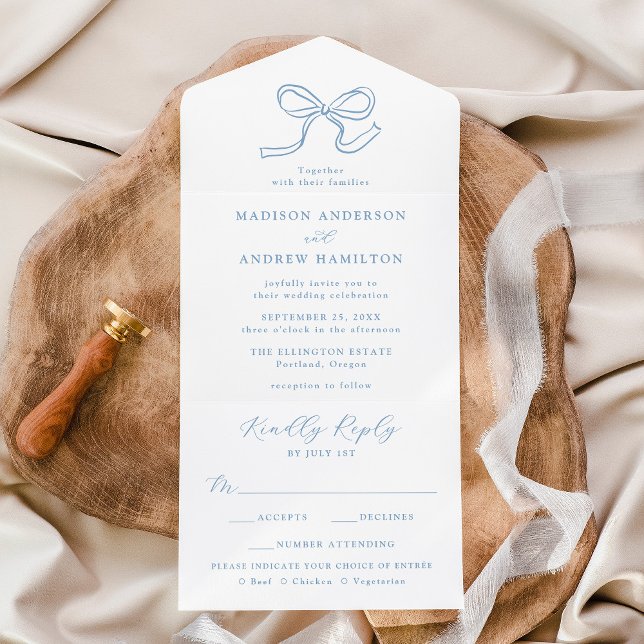Elegant Blue Bow Wedding All In One Invitation (Creator Uploaded)