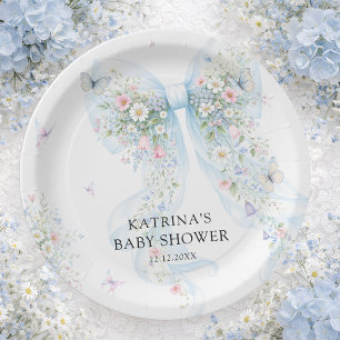 Elegant Blue Bow Wildflower Baby Shower Paper Plate