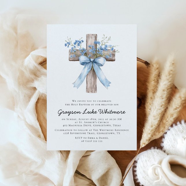 Elegant Blue Bow Wildflowers Baptism Invitation (Creator Uploaded)