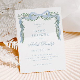 Elegant Blue Bow with Greenery Boy Baby Shower Invitation