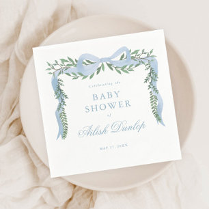 Elegant Blue Bow with Greenery Boy Baby Shower Napkin