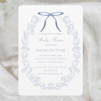 Elegant Blue Bows & Flowers Baby Shower Invitation