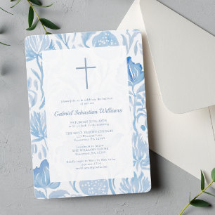 Elegant Blue Boy Baptism Christening Invitation
