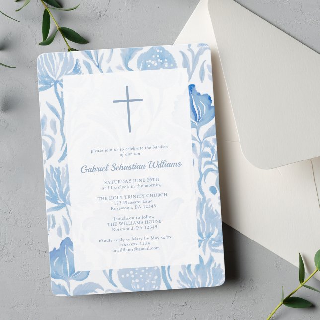 Elegant Blue Boy Baptism Christening Invitation (Creator Uploaded)