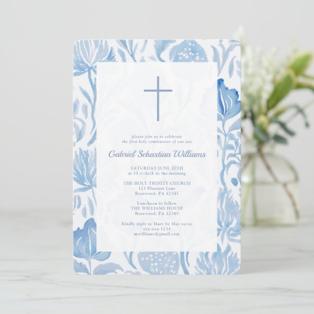 Elegant Blue Boy First Holy Communion Invitation (Standing Front)