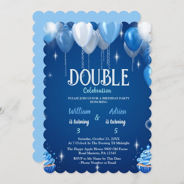 Elegant Blue Boys Double Birthday customisable Invitation (Front/Back)