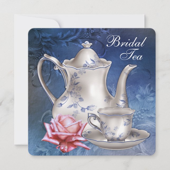 Elegant Blue Bridal Tea Invitation (Front)