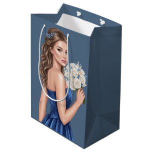 Elegant Blue Bridesmaid Portrait Illustration Medium Gift Bag