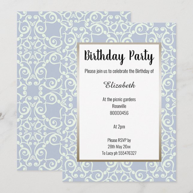 ELEGANT BLUE BRONZE PATTERN BIRTHDAY INVITATION (Front/Back)