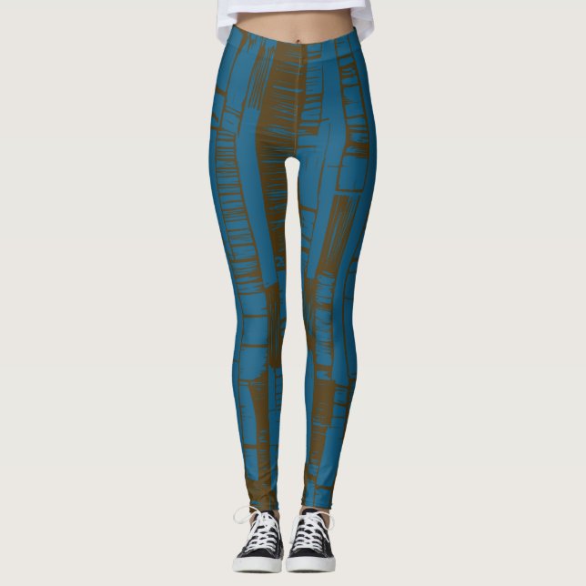Elegant blue &brown abstract pattern  leggings (Front)