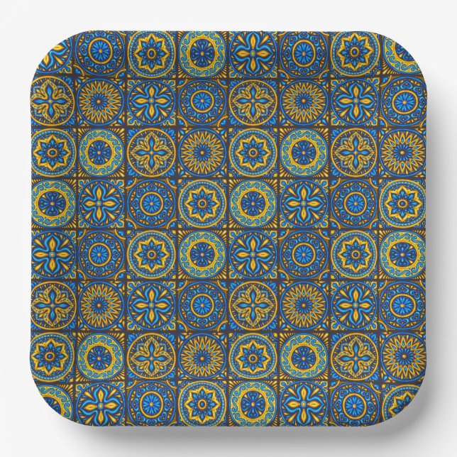 Elegant blue& brown Moroccan  pattern  Paper Plate (Front)