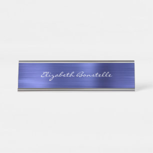 Elegant Blue Brushed Metal Handwriting Desk Name Plate