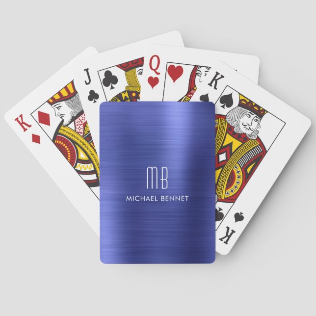 Elegant Blue Brushed Metallic Monogram Name Playing Cards (Back)