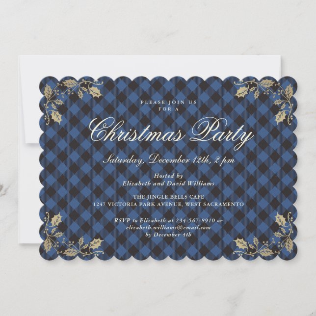 Elegant Blue Buffalo Plaid Christmas Holiday Party Invitation (Front)