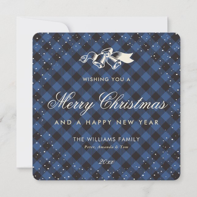 Elegant Blue Buffalo Plaid Snow Classic Holiday Card (Front)