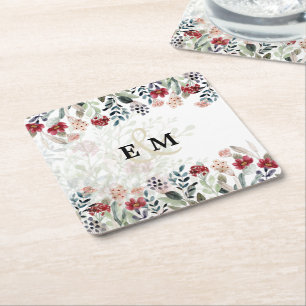 Elegant Blue Burgundy Floral Wedding MONOGRAMMED Square Paper Coaster