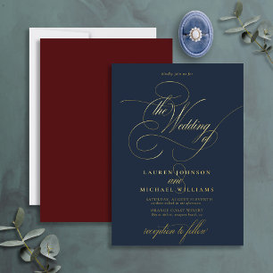 Elegant Blue Burgundy Gold Calligraphy Wedding