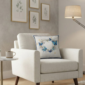 Elegant Blue Butterflies and Golden Heart Cushion