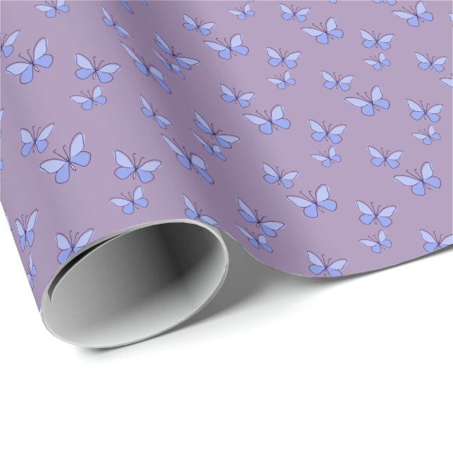Elegant Blue Butterflies on Violet Wrapping Paper (Roll Corner)