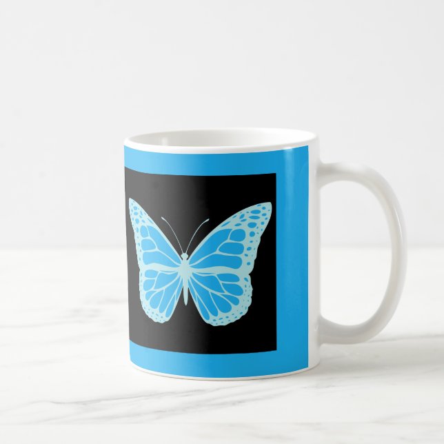 Elegant Blue Butterfly Black Background  Coffee Mug (Right)