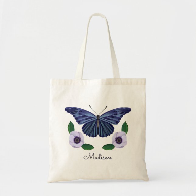 Elegant Blue Butterfly Floral Personalized Script  Tote Bag (Front)