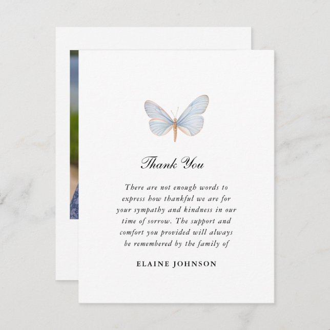 Elegant Blue Butterfly Funeral Photo Thank you  (Front/Back)