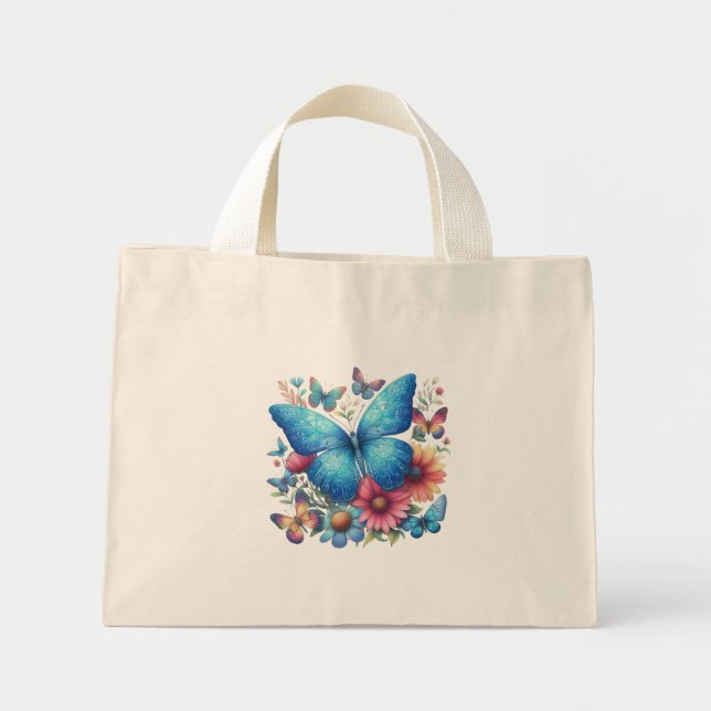 Elegant Blue Butterfly Mini Tote Bag (Front)