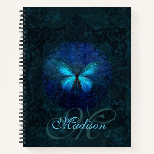 Elegant Blue Butterfly Name and Initial Template Notebook (Front)