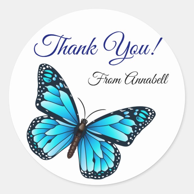 Elegant Blue Butterfly Thank You Classic Round Sticker (Front)