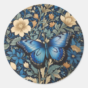 Elegant Blue Butterfly William Morris Inspired Classic Round Sticker