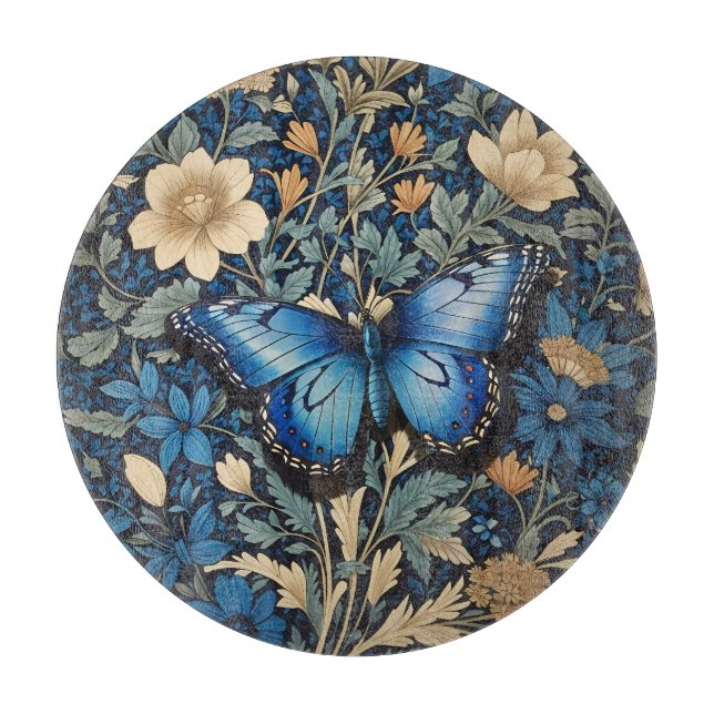 Elegant Blue Butterfly William Morris Inspired Cutting Board (Front)