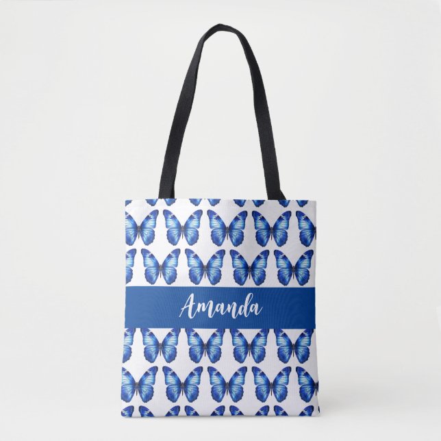 Elegant Blue Butterly Pattern Name Tote Bag (Front)
