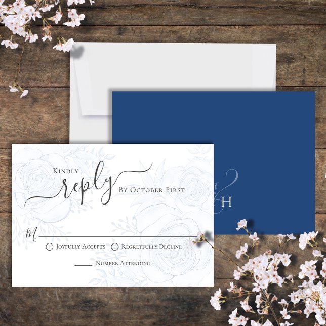 Elegant Blue Calligraphy Ampersand Guest RSVP (Classic blue floral reply RSVP card with monogram ampersand backside. )