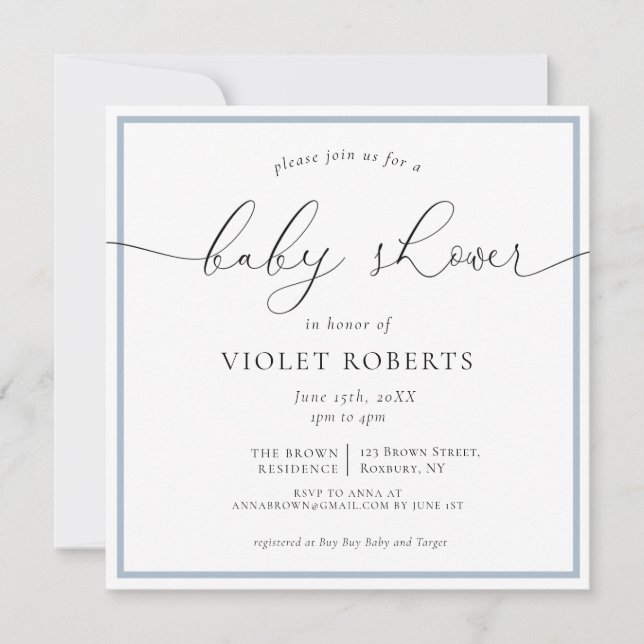 Elegant Blue Calligraphy Baby Shower  Invitation (Front)