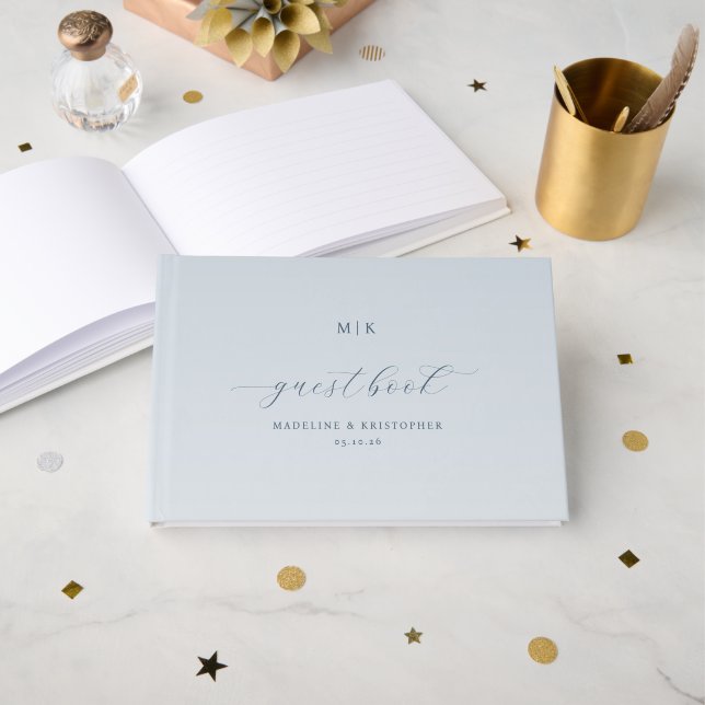 Elegant Blue Calligraphy Guest Book (Front Open)