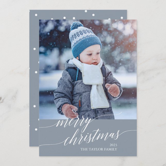 Elegant Blue Calligraphy Merry Christmas Photo Holiday Card (Front/Back)