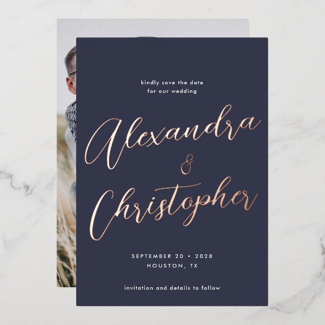 Elegant Blue Calligraphy Wedding Save the Date (Front/Back)