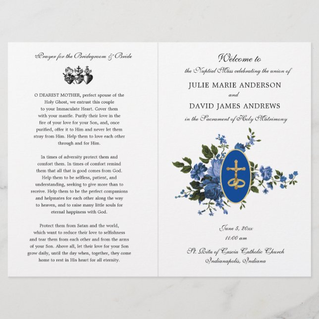 Elegant Blue Catholic Latin Mass Wedding Program (Front)