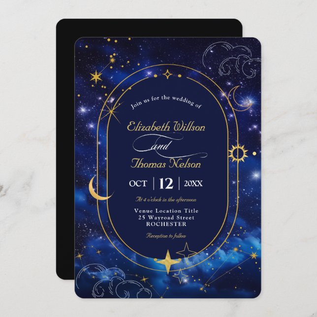 Elegant blue celestial wedding invitation (Front/Back)