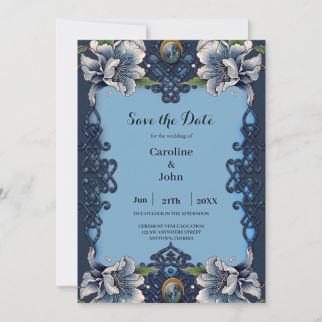 Elegant blue celtic design save the date (Front)