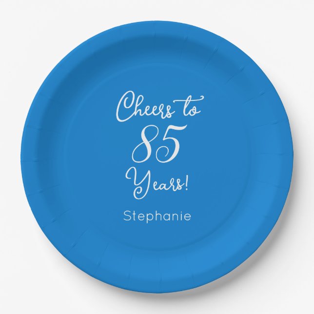 Elegant Blue Cheers to 85 Years 85th Birthday Paper Plate (Front)