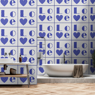 Elegant Blue Chequered Love Hearts Tiled Pattern Wallpaper
