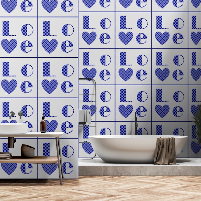 Elegant Blue Chequered Love Hearts Tiled Pattern Wallpaper (Bathroom)