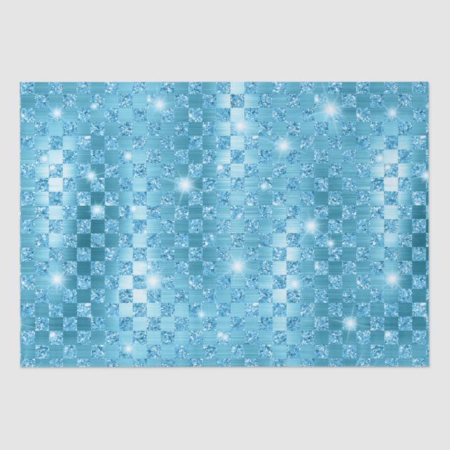 Elegant Blue Chequered Metallic Glitter Pattern Tissue Paper (Front)